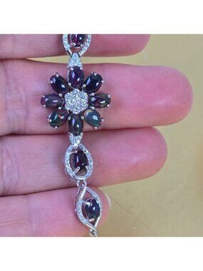 925 Sterling Silver Adjustable Flower Bracelet with Natural Blk Opal & Cz